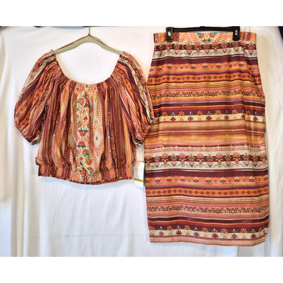 Anthro New W/Tag Maison Tara Spice Paprika Orange Geo Top Skirt Set US 14 - Picture 3 of 12